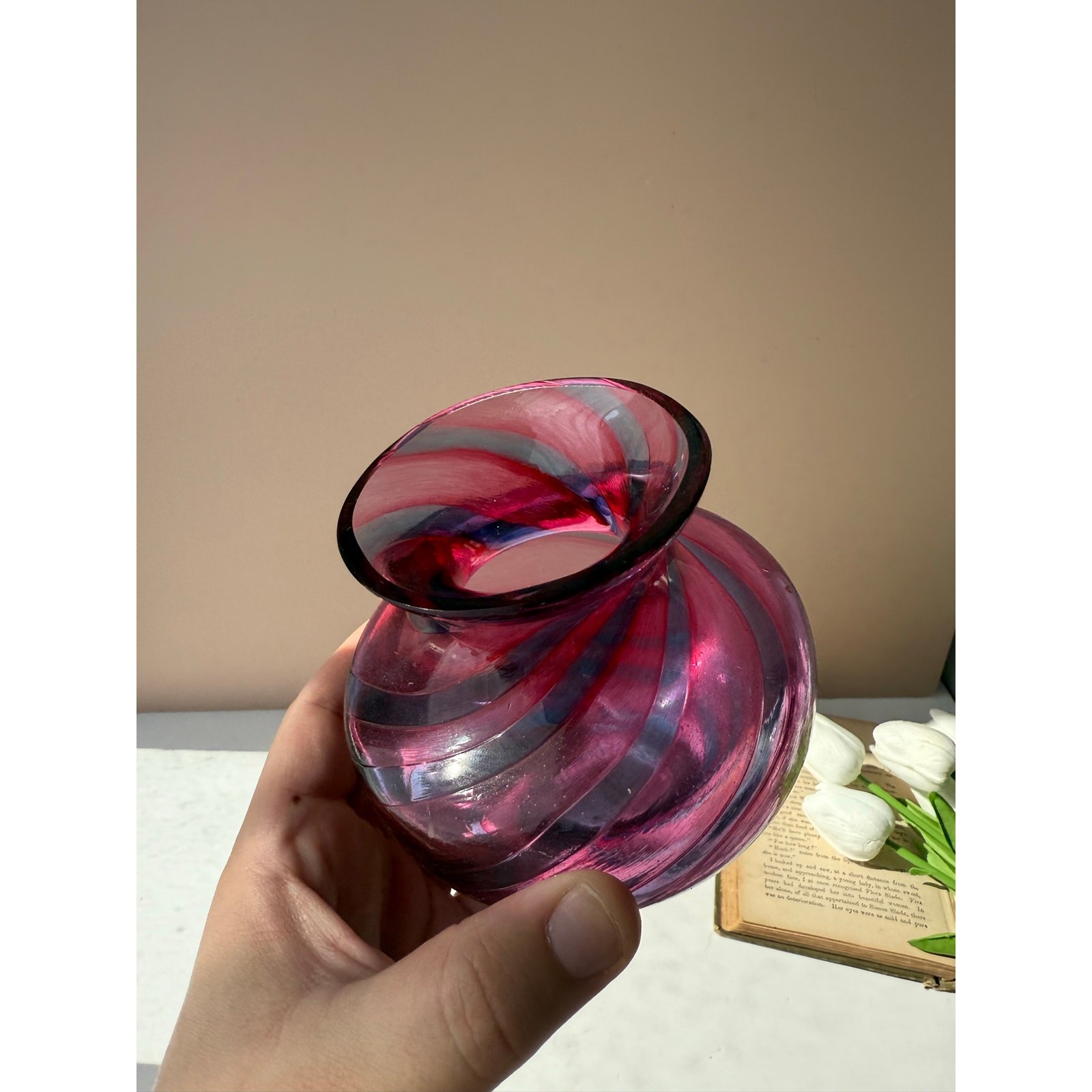 Caithness Scotland Hand Blown Purple & Blue Swirl Art Glass Vase Scottish Glass