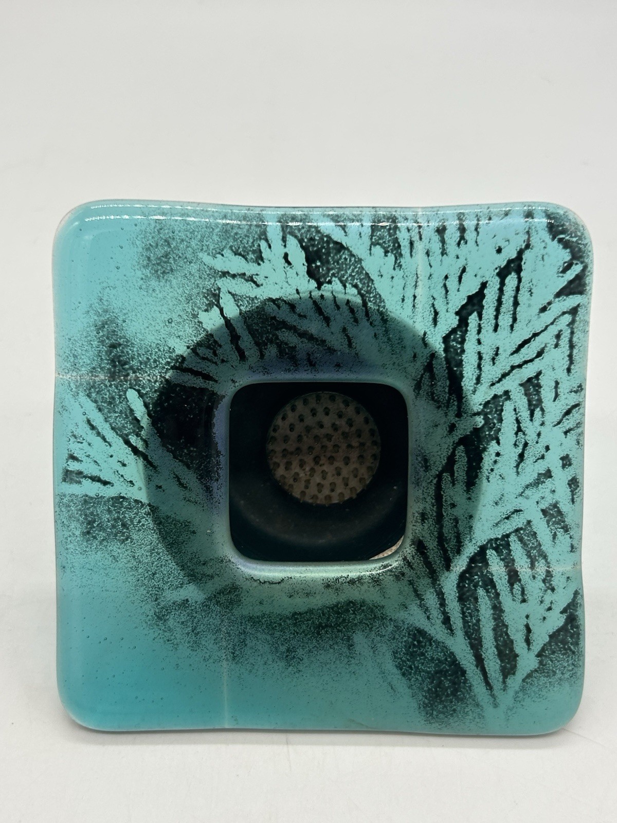 Fused Glass Square Ikebana Vase w/ Flower Frog Teal w/ Black Leaves