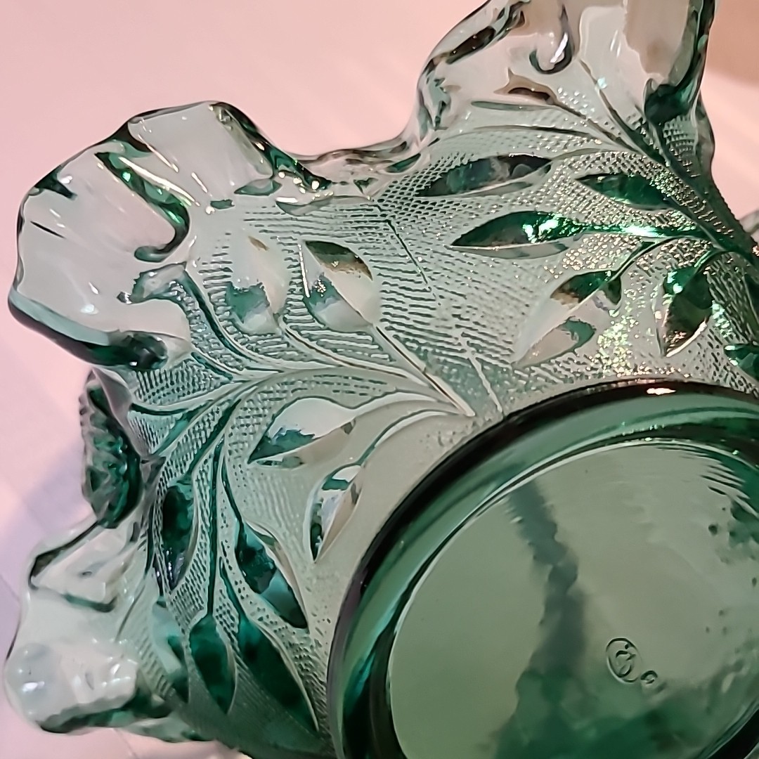 Vintage Fenton Art Glass Green Basket Twisted Handle Candy Dish 7″H & 7″D