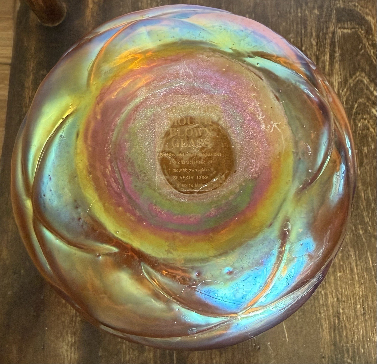 Silvestri Mouth Blown Iridescent Glass Vase Copper Cuff Brutalist Italian 7″