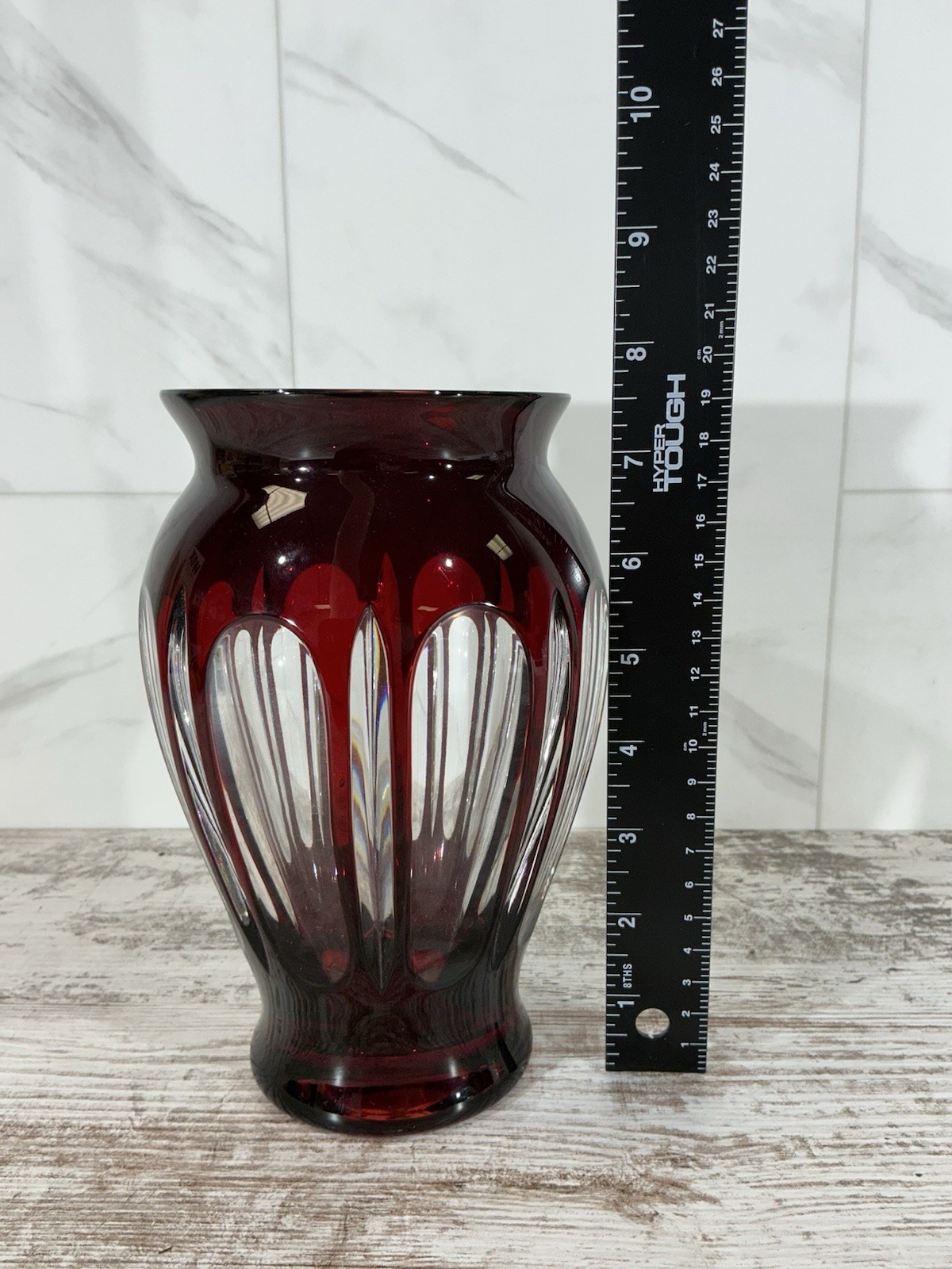 Lead Glass Vase Red & Clear Super Heavy No Makers Mark