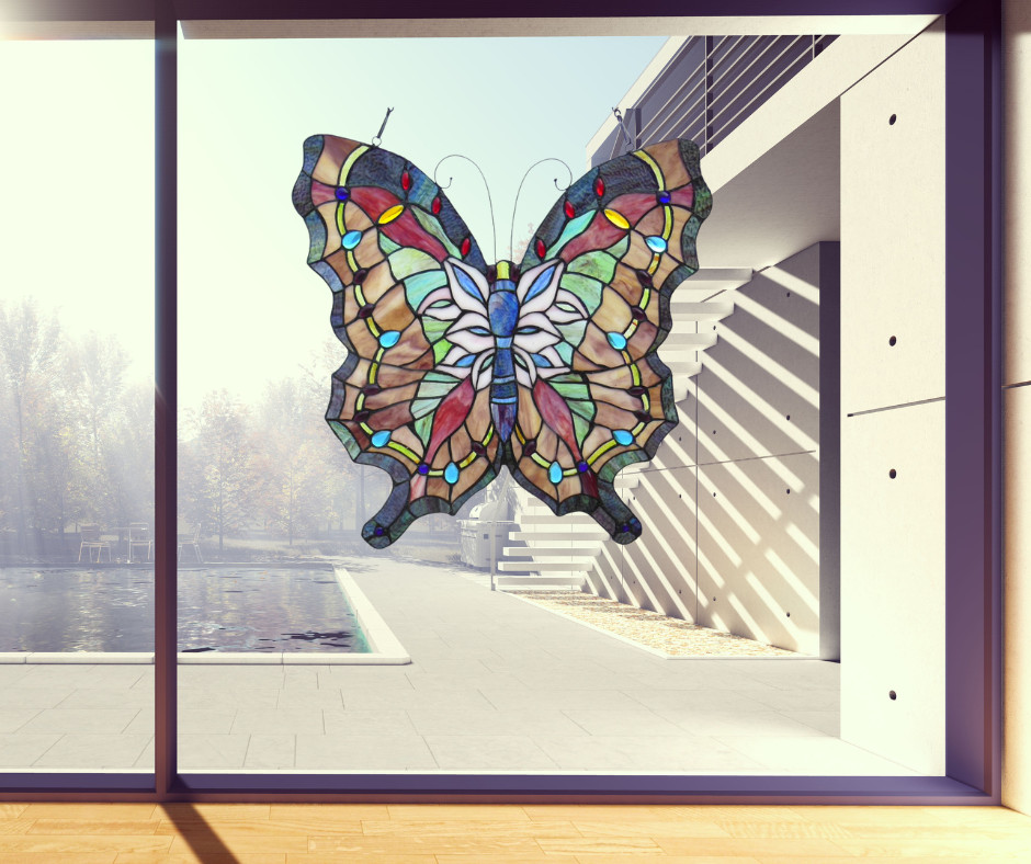 Tiffany Style Stained Glass Butterfly Window Panel Suncatcher 22″ Handcrafted