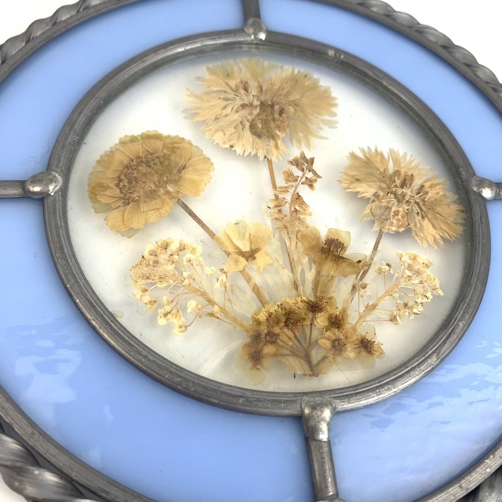 Vintage Lasting Impressions Stained Glass Pressed Real Flower Window Blue