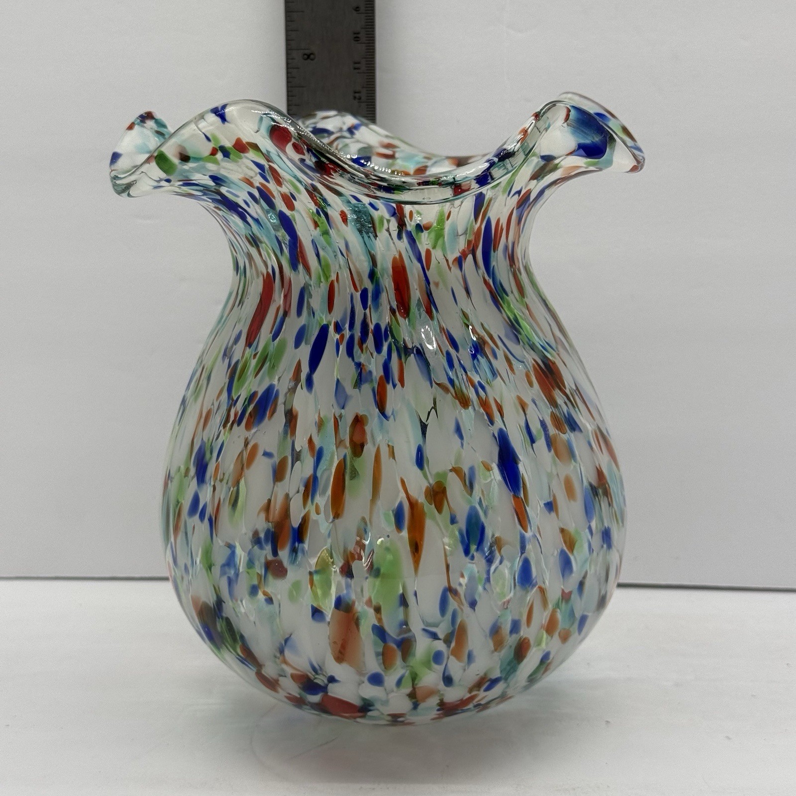 Vtg Murano Confetti Art Glass Vase Aqua Frit Ruffled Rim 4 Applied Glass Feet 7”