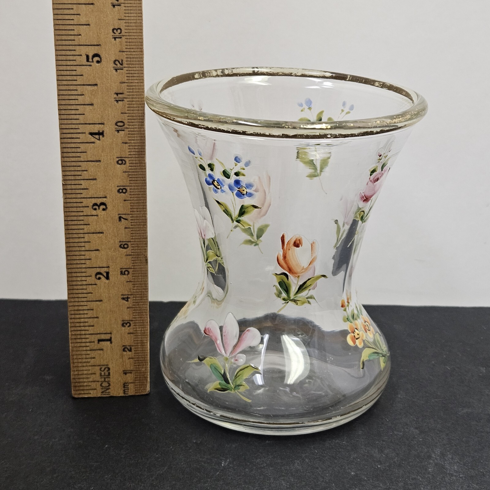 VTG French Style Hand Painted Enamel Flowers Glass Vase Victorian Cottagecore