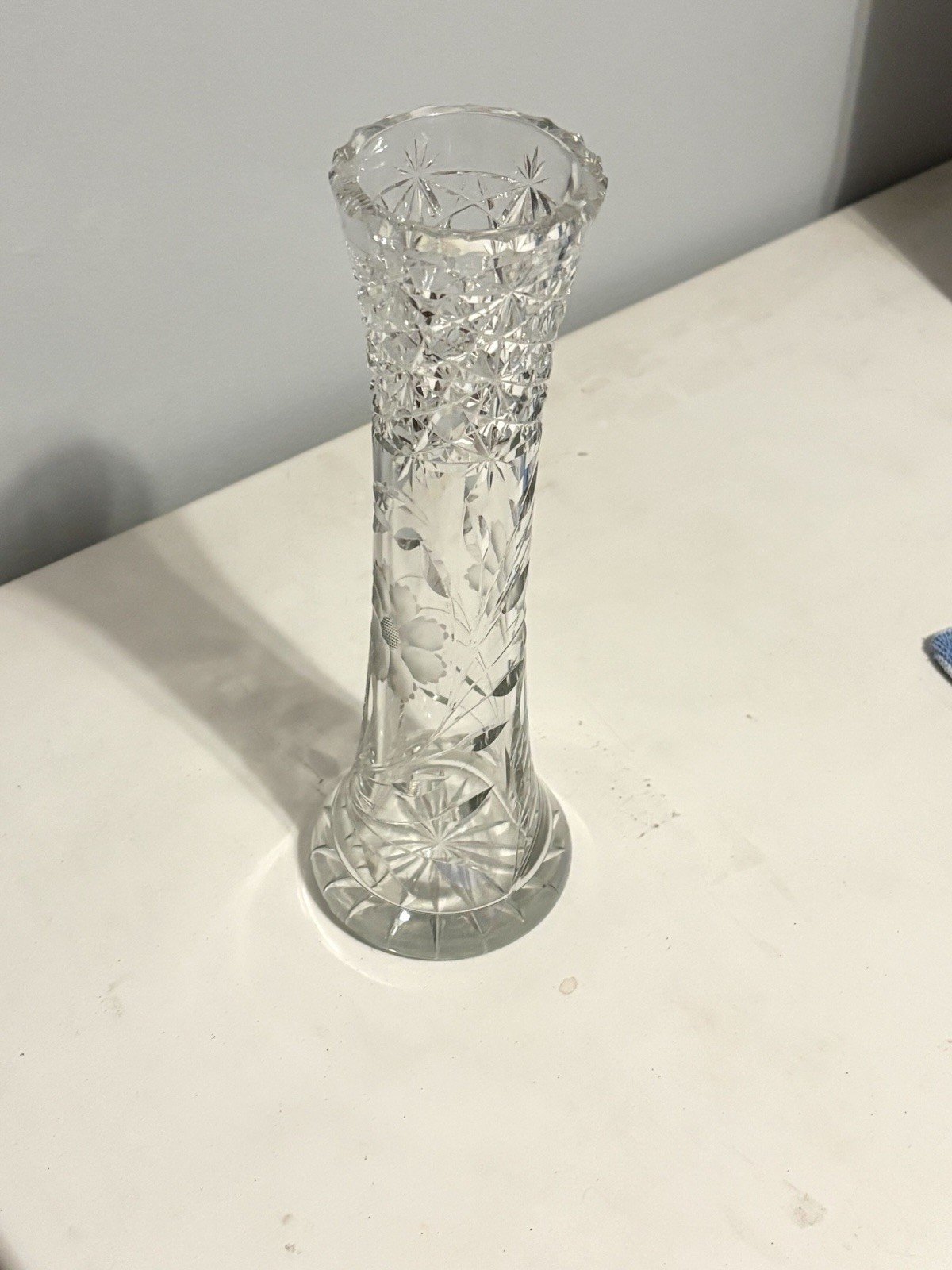 Clear Cut Glass Floral Etched Bud Vase with Scalloped Rim, Clear