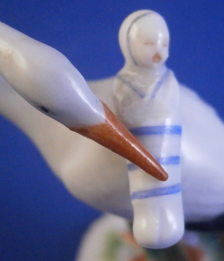 Antique 19tC Meissen Porcelain Miniature Stork w/ Baby Figurine Porzellan Figure