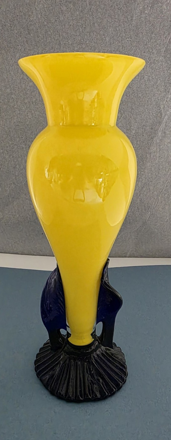 Czech Art Glass Vase Yellow w/ Blue Applied Wings 10.25″ Czecho‑Slovakia Stamp