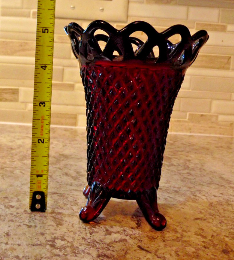 Vintage Imperial Glass Vase Diamond Point Pattern Ruby Red Open Lace Rim