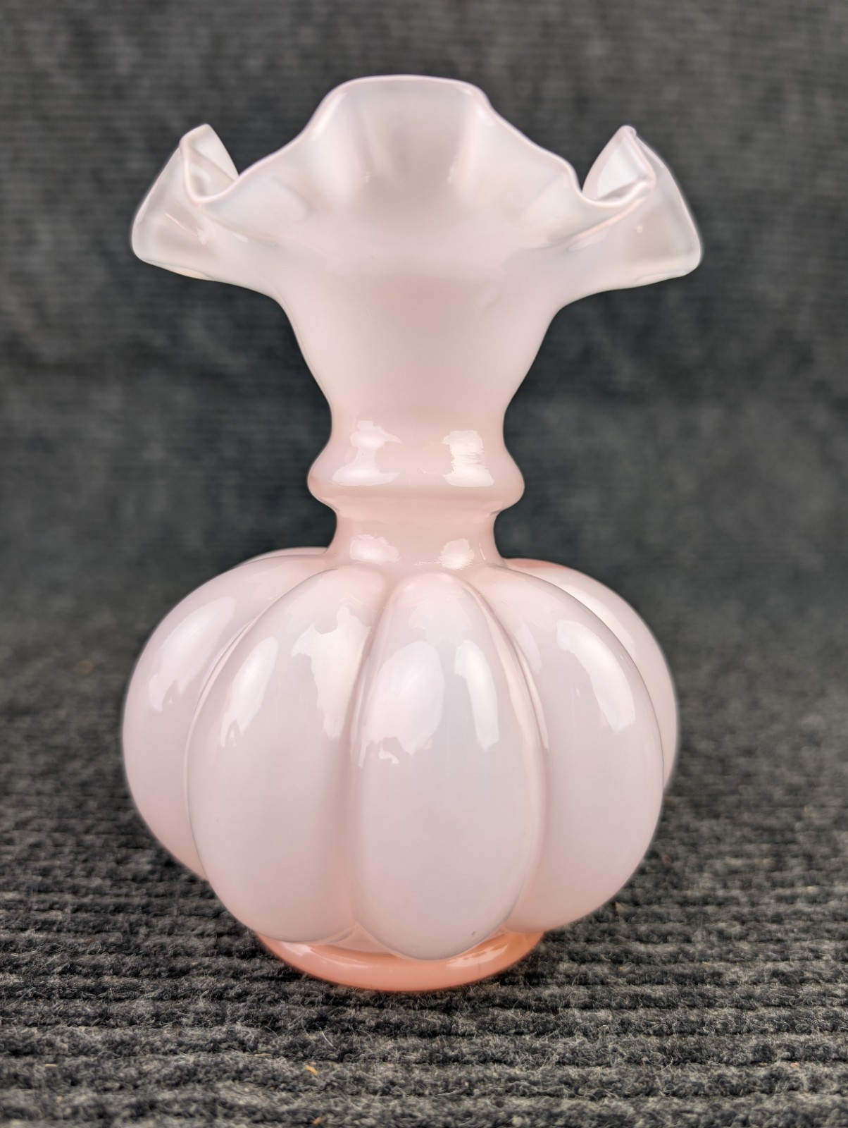 ​2 Vintage Fenton Rosalene Opalescent Pink Melon Vases Crimped Ruffled Rims Pair