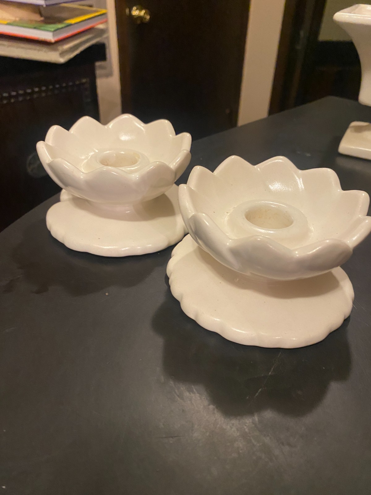 Pair Vtg Haeger Candle Candlestick Holders Lotus Flower White Creamy Ivory