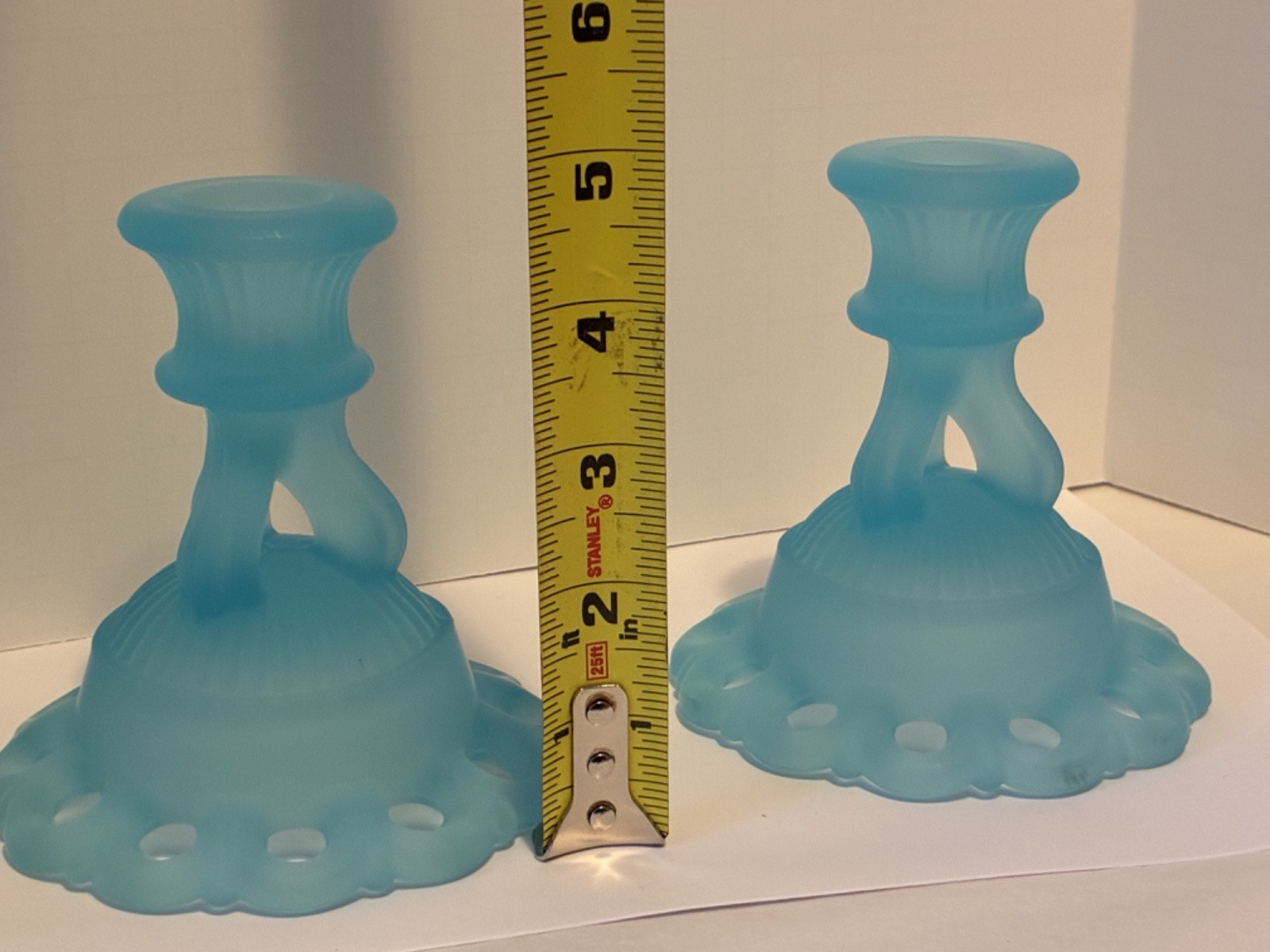 Vintage Pair Westmoreland Blue Mist Satin Glass Doric Laced Edge Candlesticks
