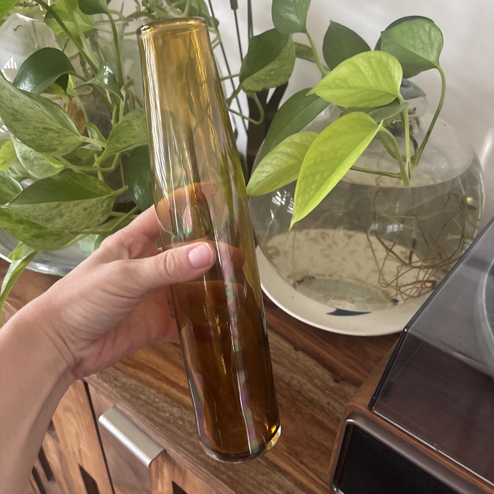 Amber Colored Art Glass Vase Handblown Mid Century Style 12 in.