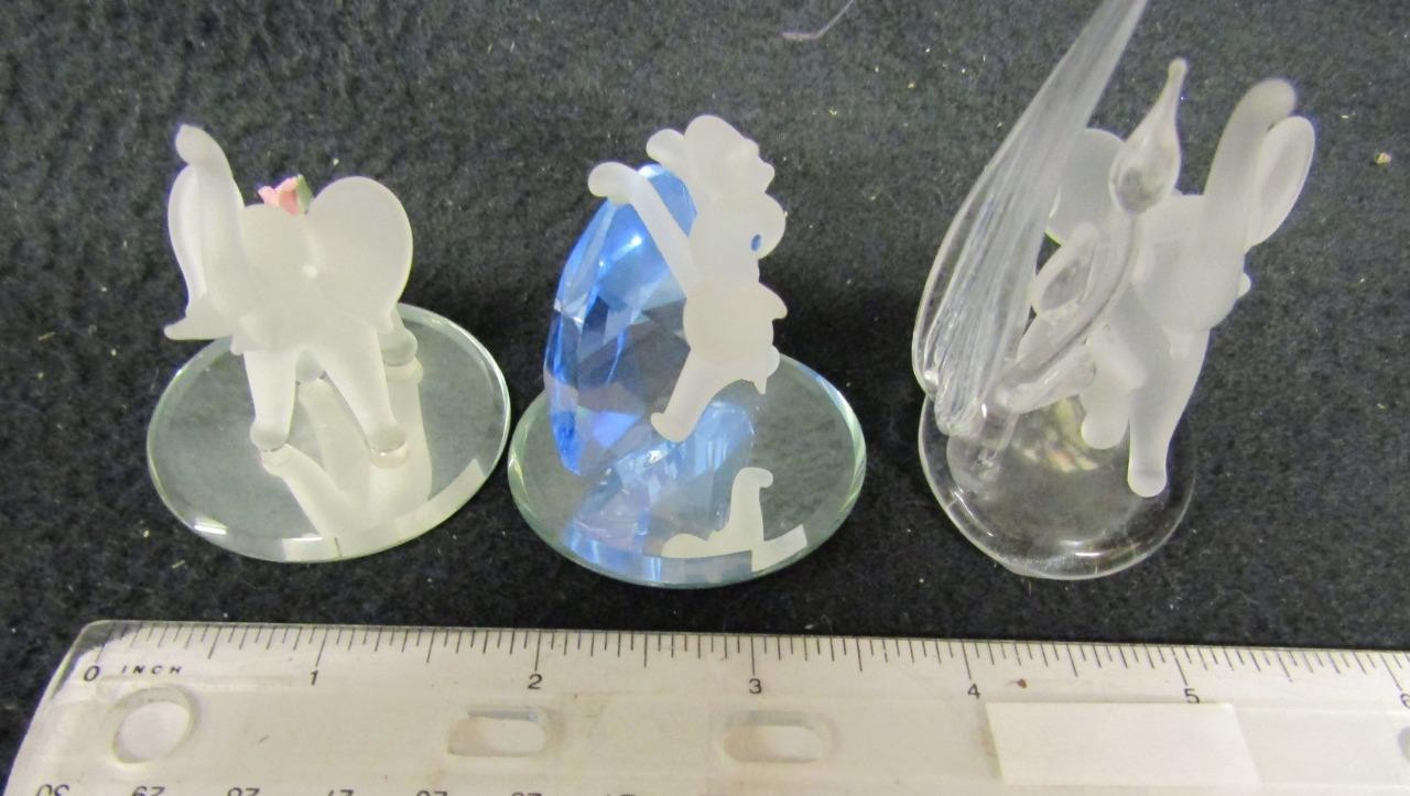 Set of 3 Frosted Glass Elephants Mirror Bases – Rose, Diamond, Blown Glass Plant