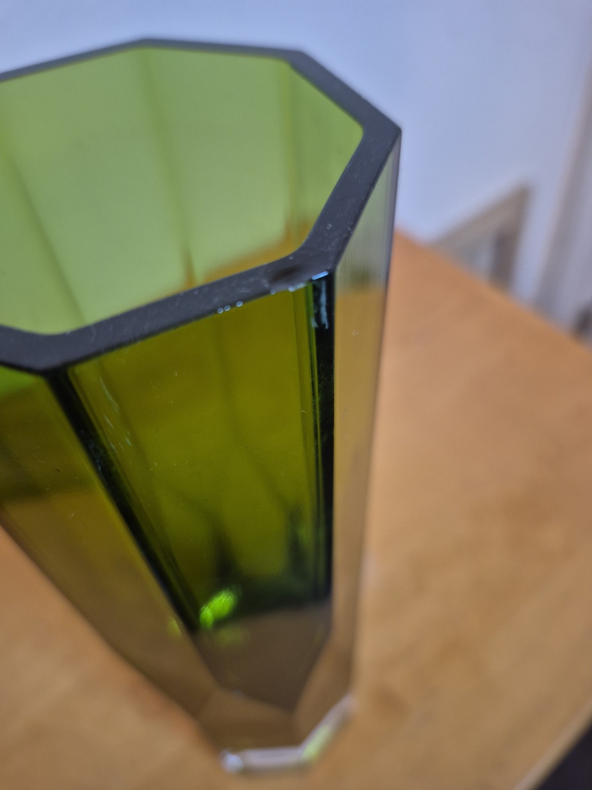 Green Faceted Glass Vase Lindshammar Sweden Designed by Gunnar Ander 10″ H