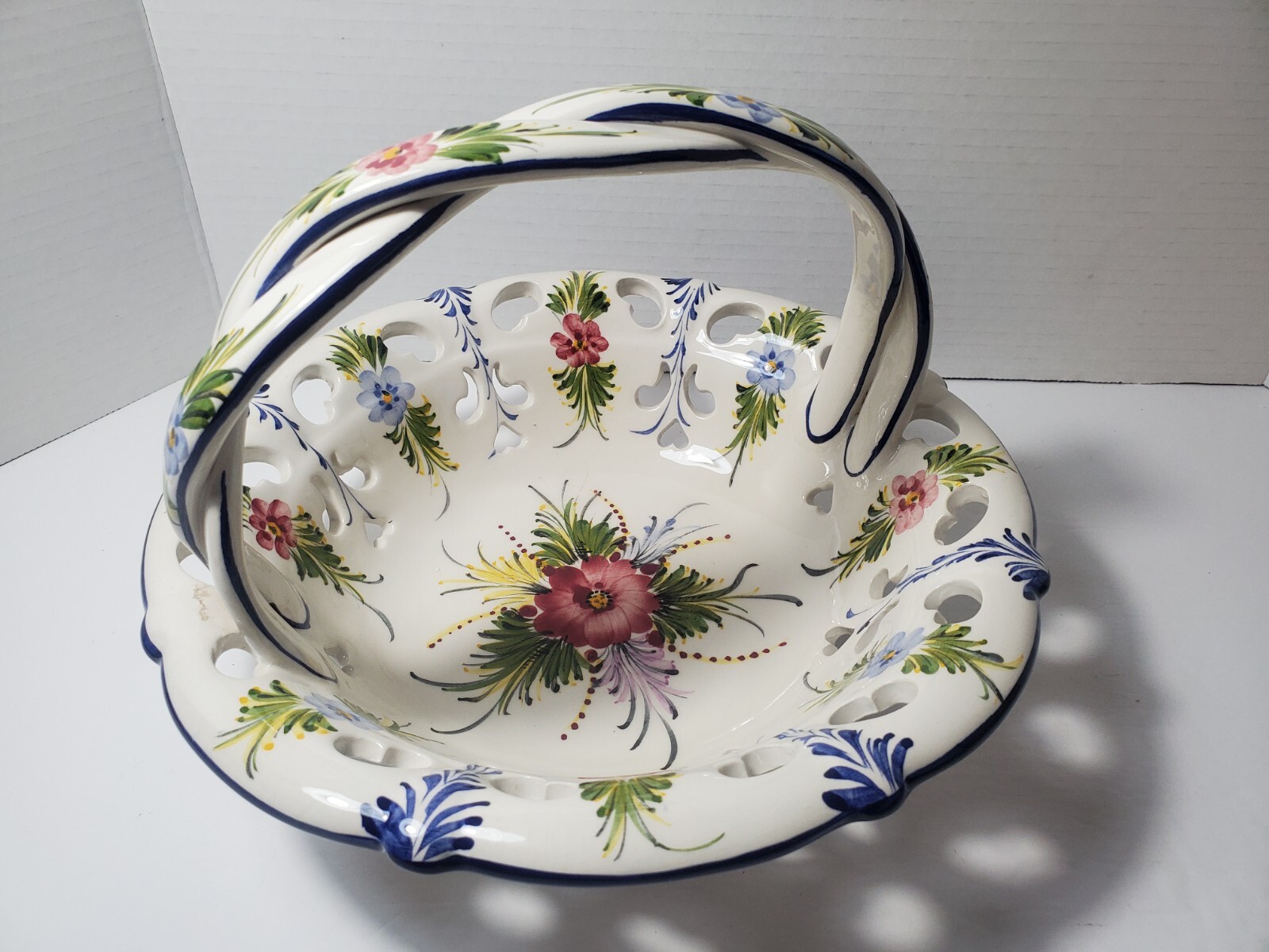 Floral Ceramic Hand Painted Fruit or Bread Basket Braided Handle RCCL Portugal