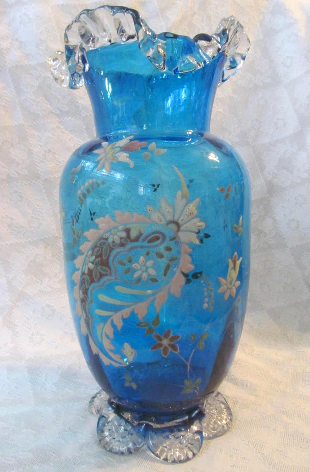 Late 1800s Victorian Tall Hand Blown Art Glass Vase w/Enameled Gilt Decoration