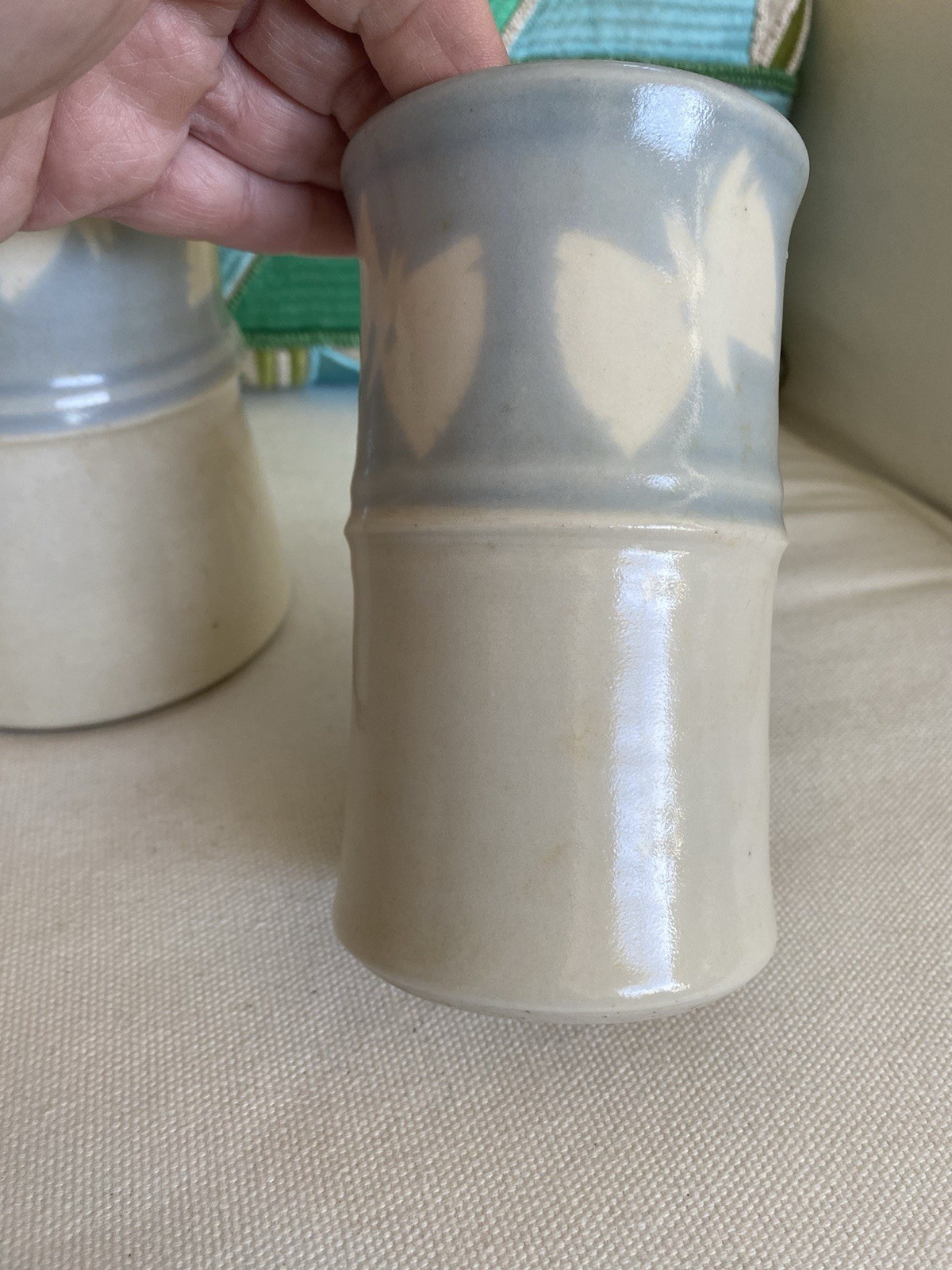 Signed Marguerite Set of 2 Studio Pottery Vases Butterflies Light Blue Tan Cream