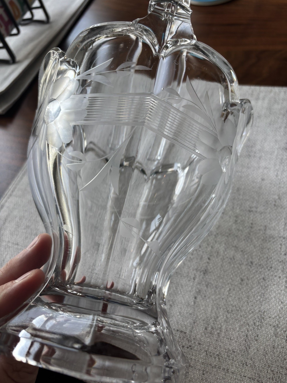 Heisey Glass Crystal Handled Basket W/Engraved Cut Flowers Vintage Clear #459