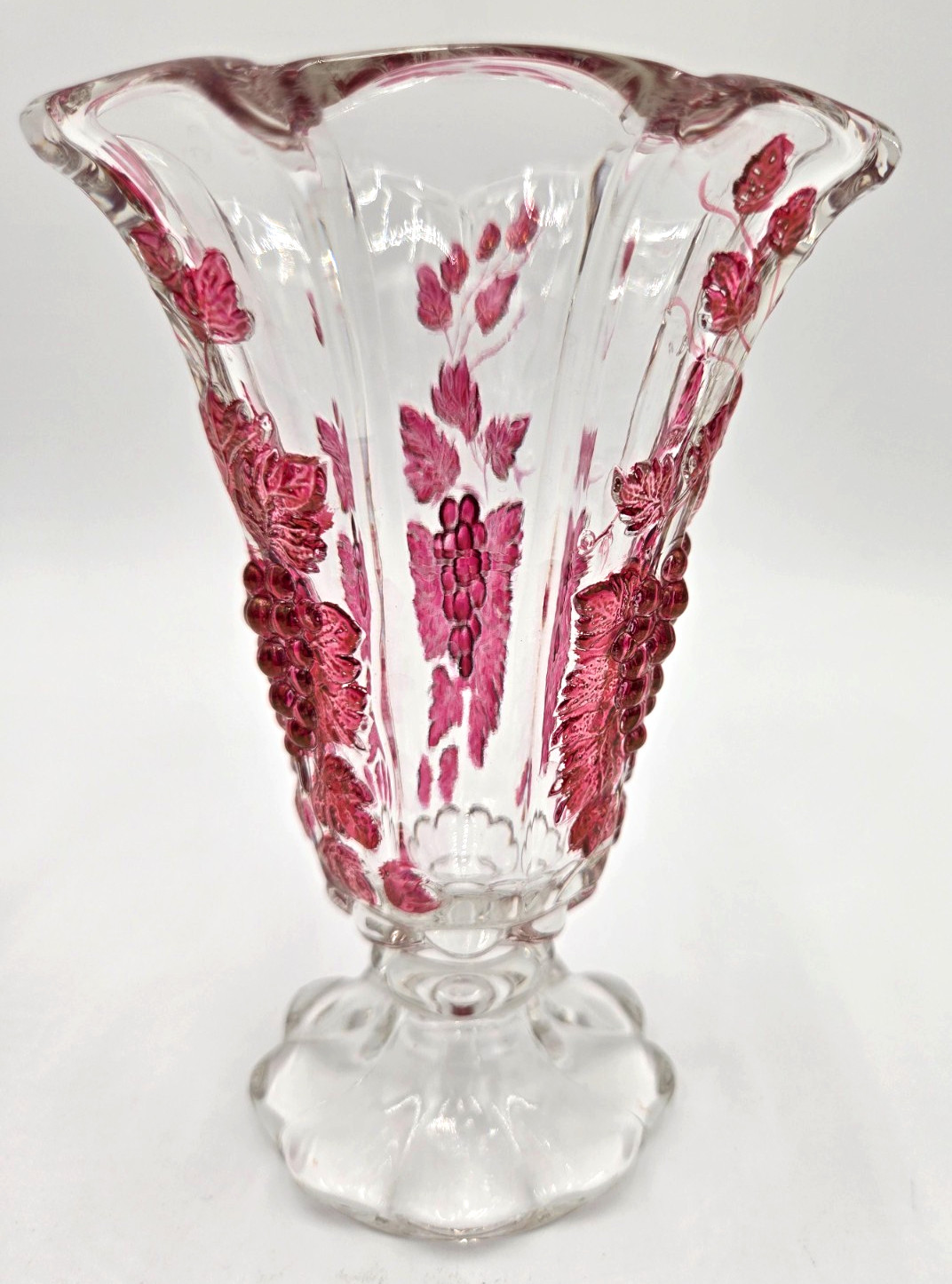 Vintage Westmoreland Paneled Grape Ruby Flashed Glass Pedestal Vases Pair 6″
