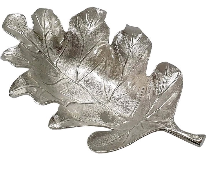 Benjara 22 Inch Modern Decorative Tray, Oak Leaf Design Striking Silver Metal…