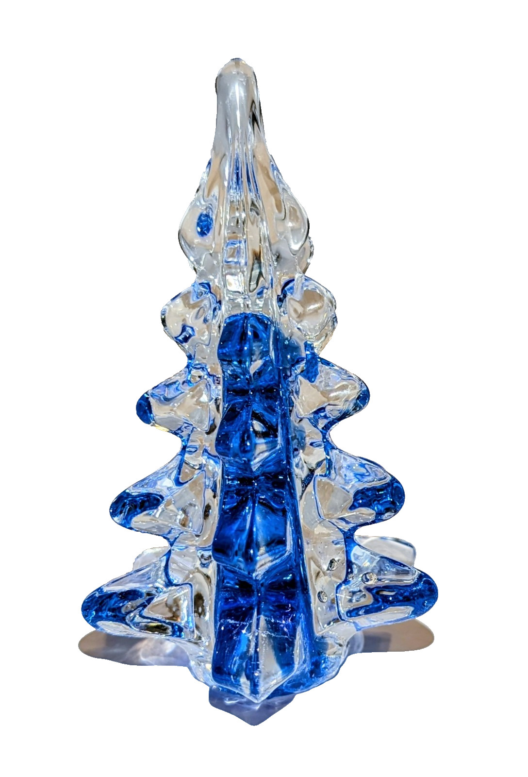 Vtg MidWest Cobalt Blue Art Glass Xmas Pine Tree Crystal Ribbon Sculpture x2 A+