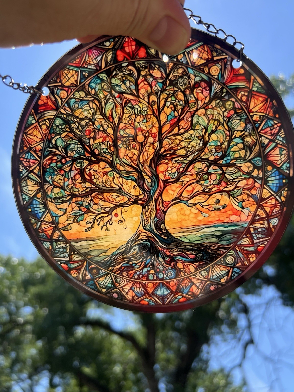 Round Tree of Life Stained Glass Style Multicolor Glass Hanging Suncatcher Chain