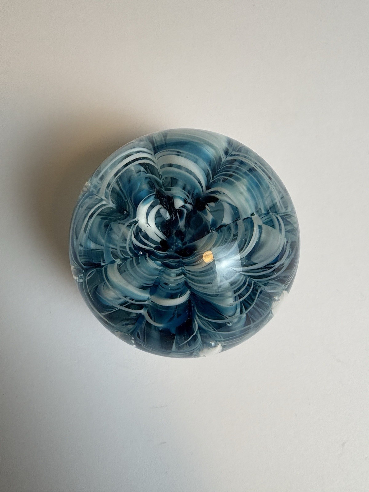 Hand Blown Art Glass Paperweight Blue Swirl Controlled Bubble Orb RARE FIND