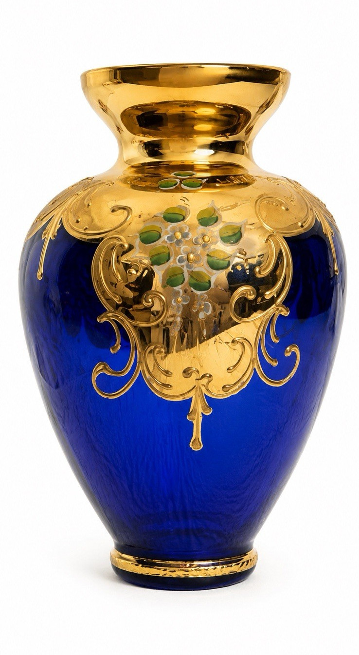 Vintage Bohemian Czech Cobalt Blue Gold Gilt Art Glass Vase Hand Painted