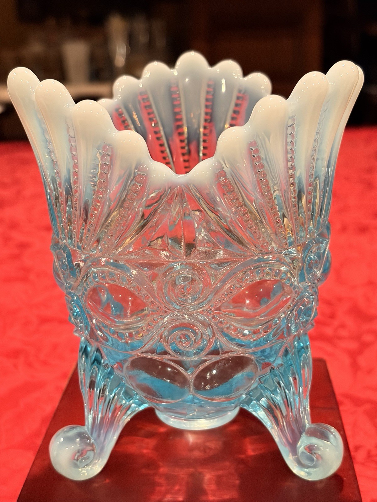 Vintage Mosser Blue Opalescent Eyewinker Spooner Glass Vase Ex Con Signed 6”