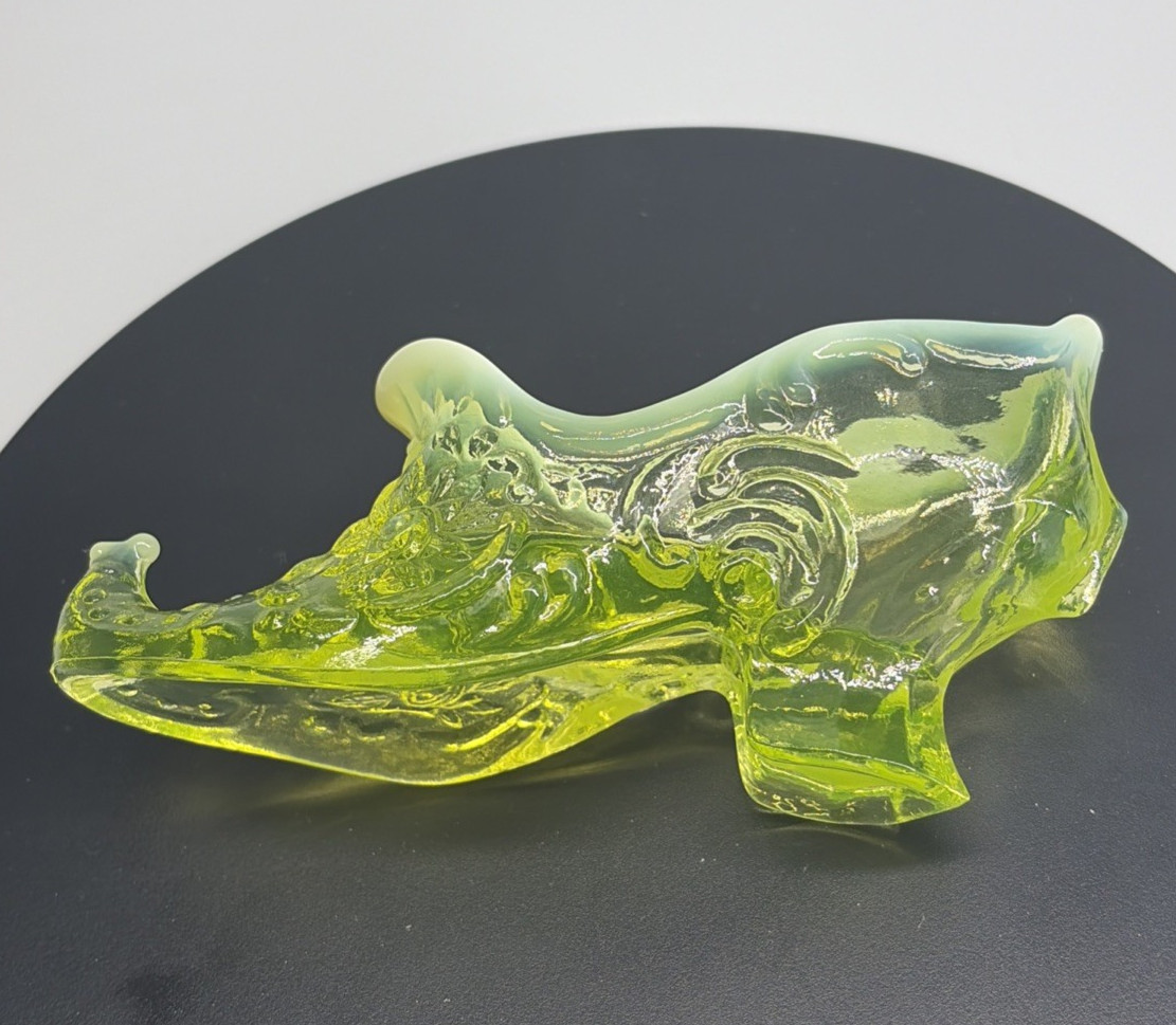 Mosser Opalescent Vaseline Uranium Rose Slipper Shoe Figurine 6″ UV Glow Vintage