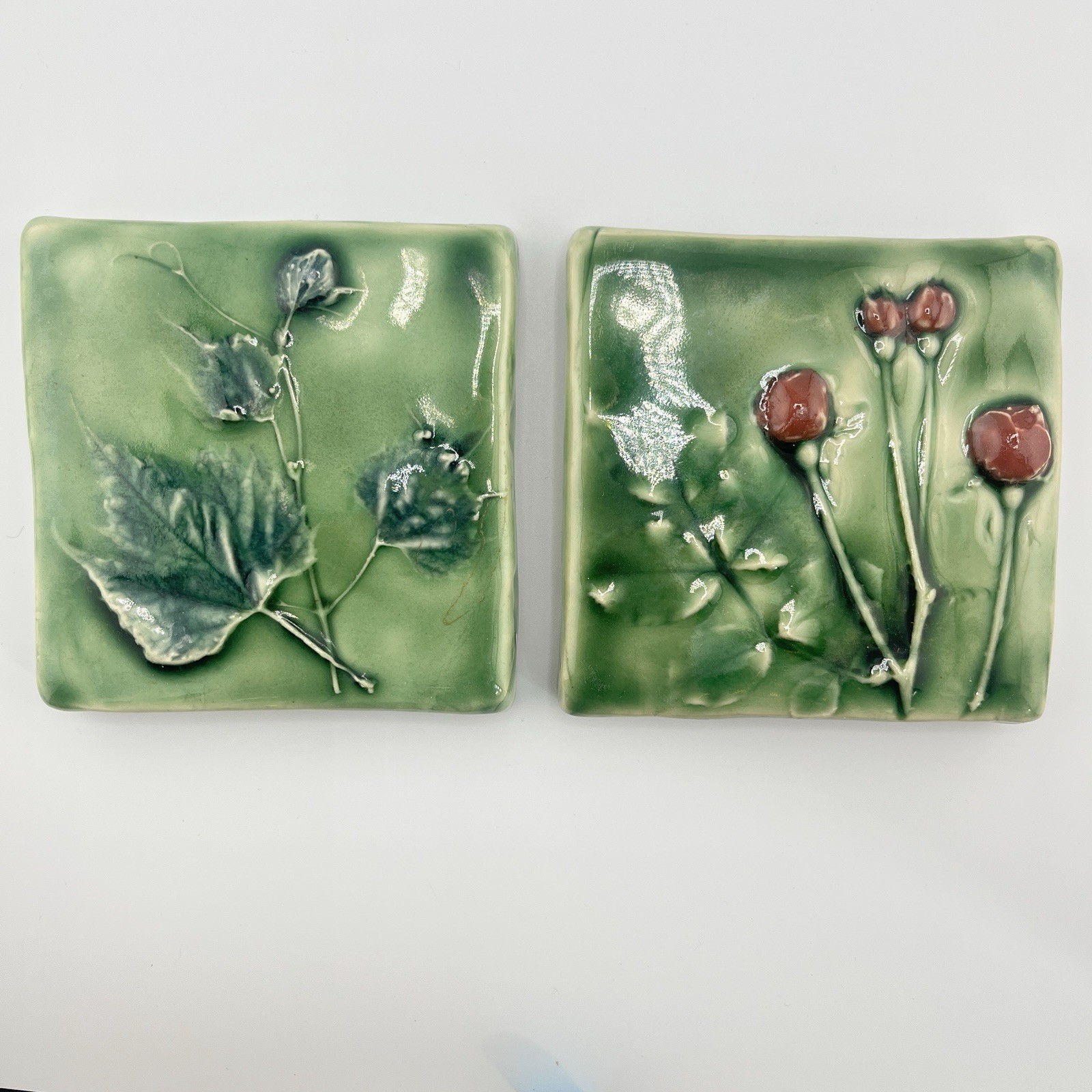 Vintage Pottery Tiles Decorative Signed Hand Painted Flora Fauna Green Raised