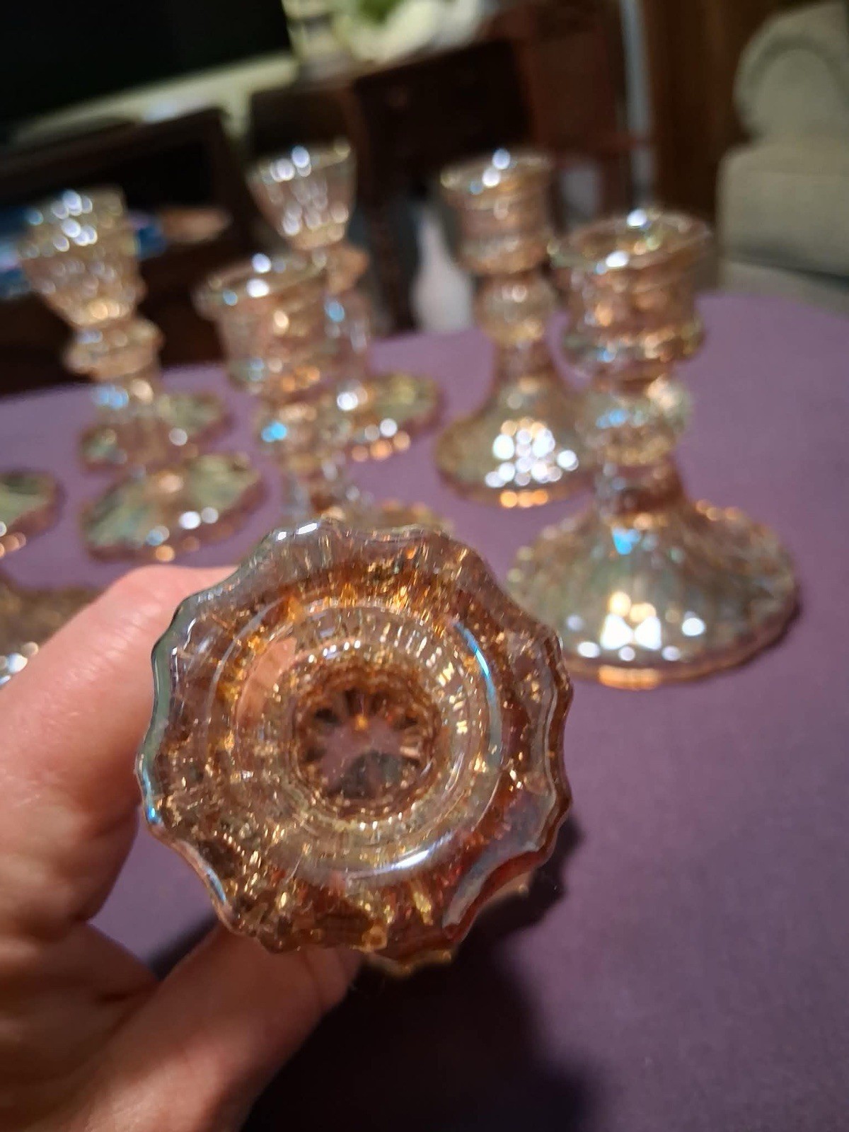 Lot of 12 Iridescent Golden Glass Candlestick Candle Holders Decorative 4 in