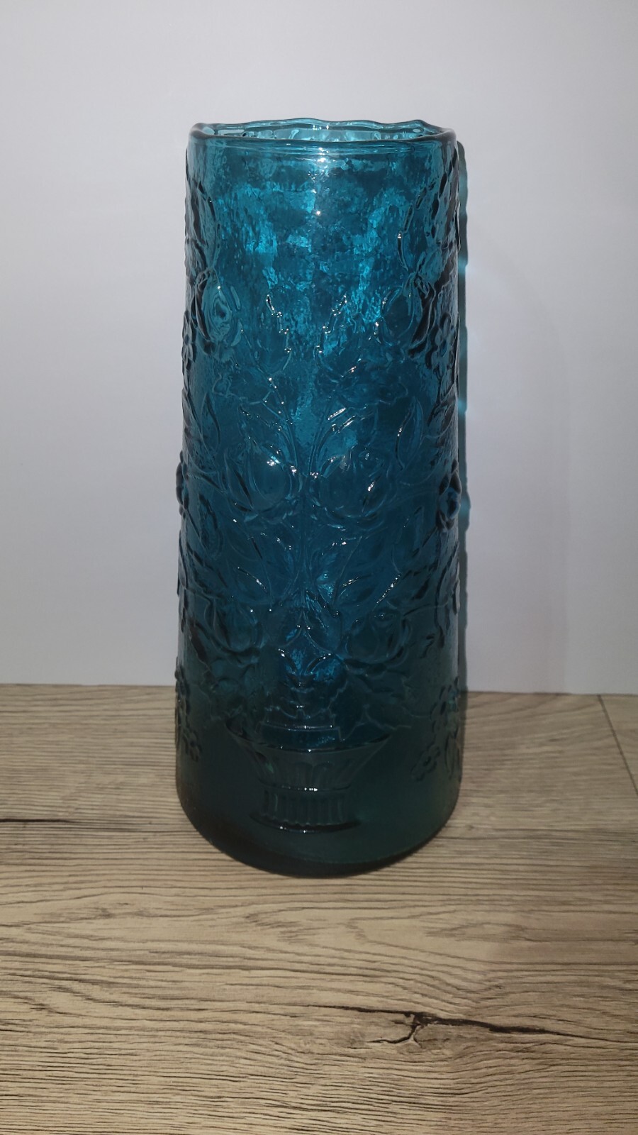 1960’s Blenko Wayne Husted Stelvia Blue Floral Vase 9.5 Inches Tall