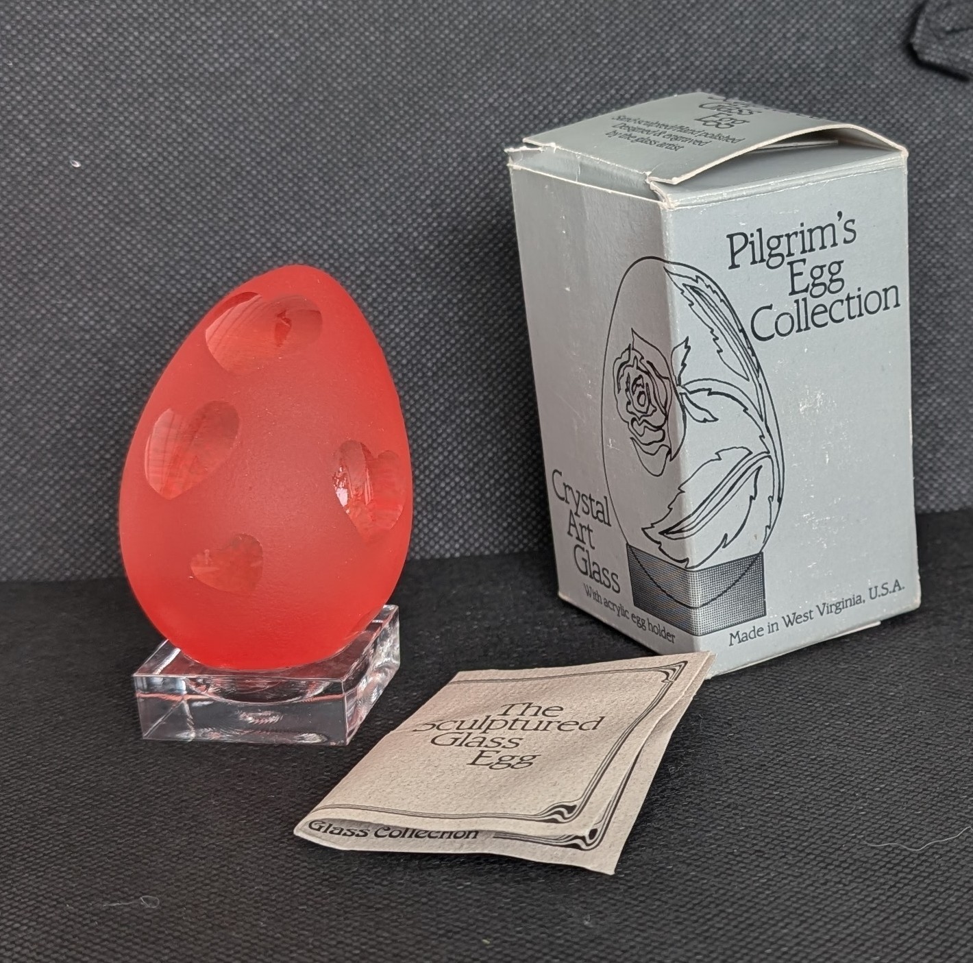 Vtg Pilgram Glass Sand Carved Egg Red with Hearts Original Box Acrylic Stand