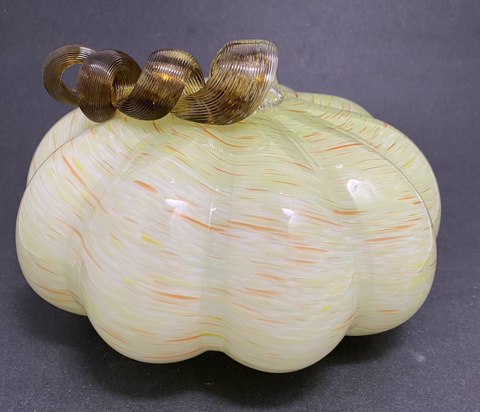 Hand Blown Art Glass Pumpkin Orange Green Flecks Twisted Reeded Clear Stem 9”