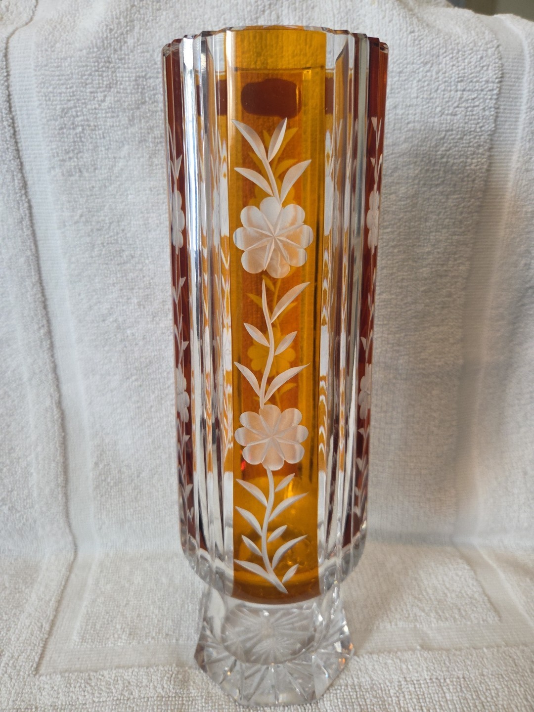 1960’s Huta Szkła Julia Yellow Amber Cut to Clear Crystal Vase Made in Poland