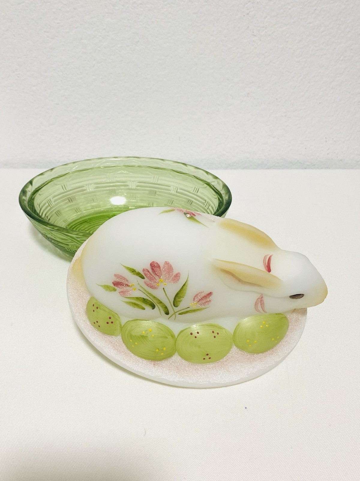 Fenton Bunny on Nest Candy Dish Pink Flowers & Eggs Hand Painted & Signed Large