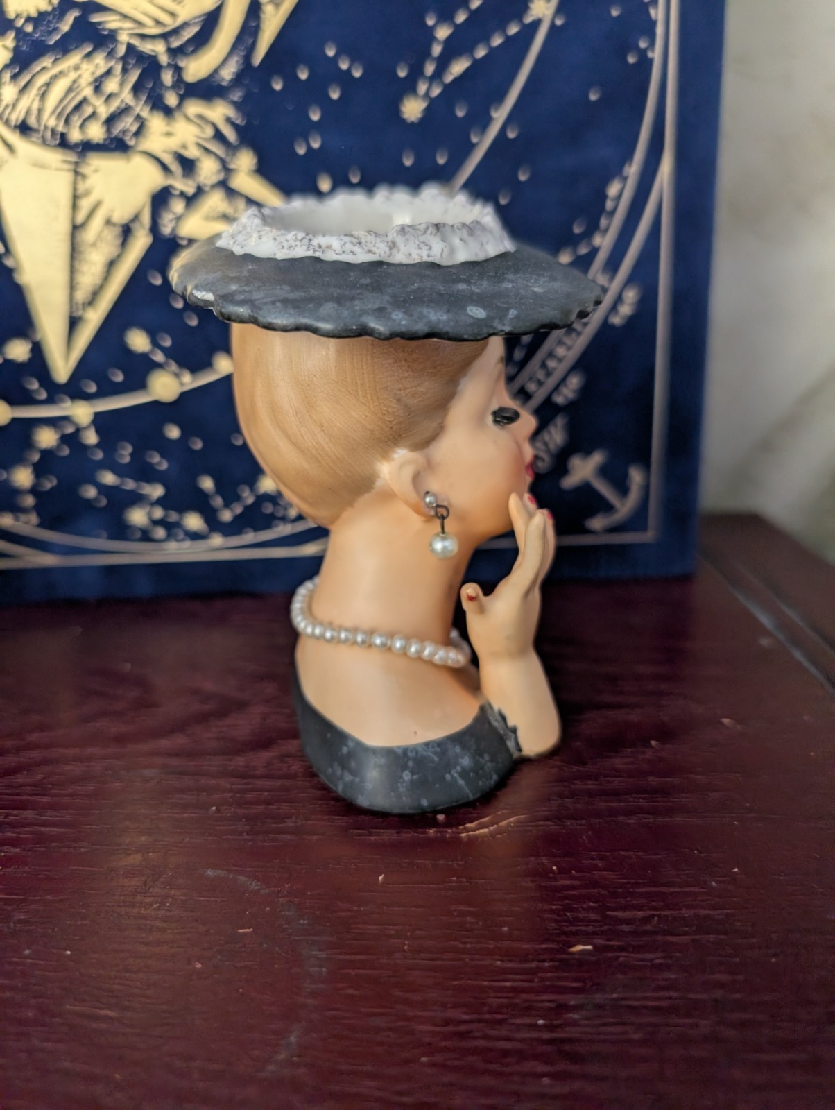Vintage Napcoware C3343 Lady Head Vase 1958 Black Napco Earrings Necklace Pearl