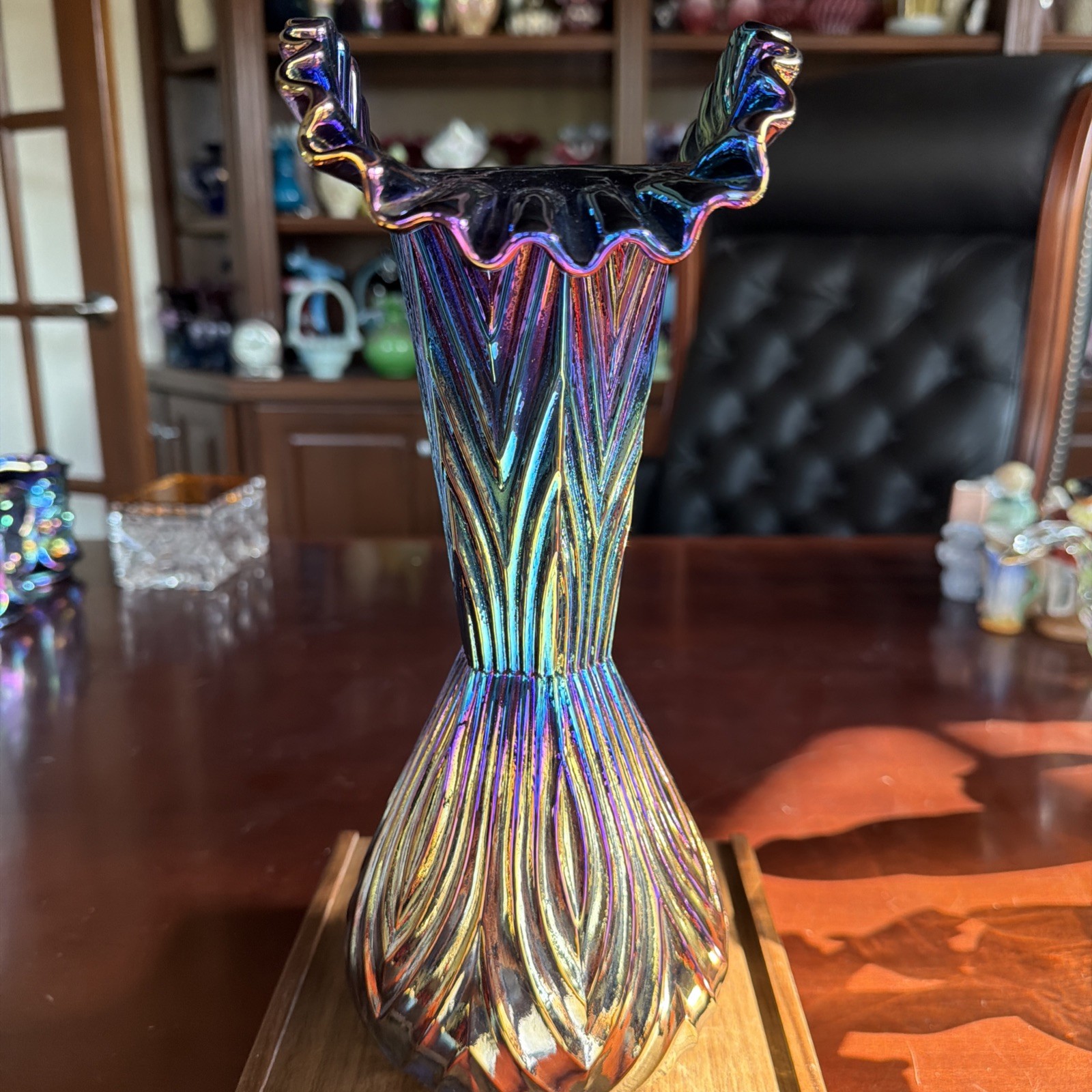 Incredible Vintage Amethyst Black Carnival Fenton Mitered Oval Vase Signed