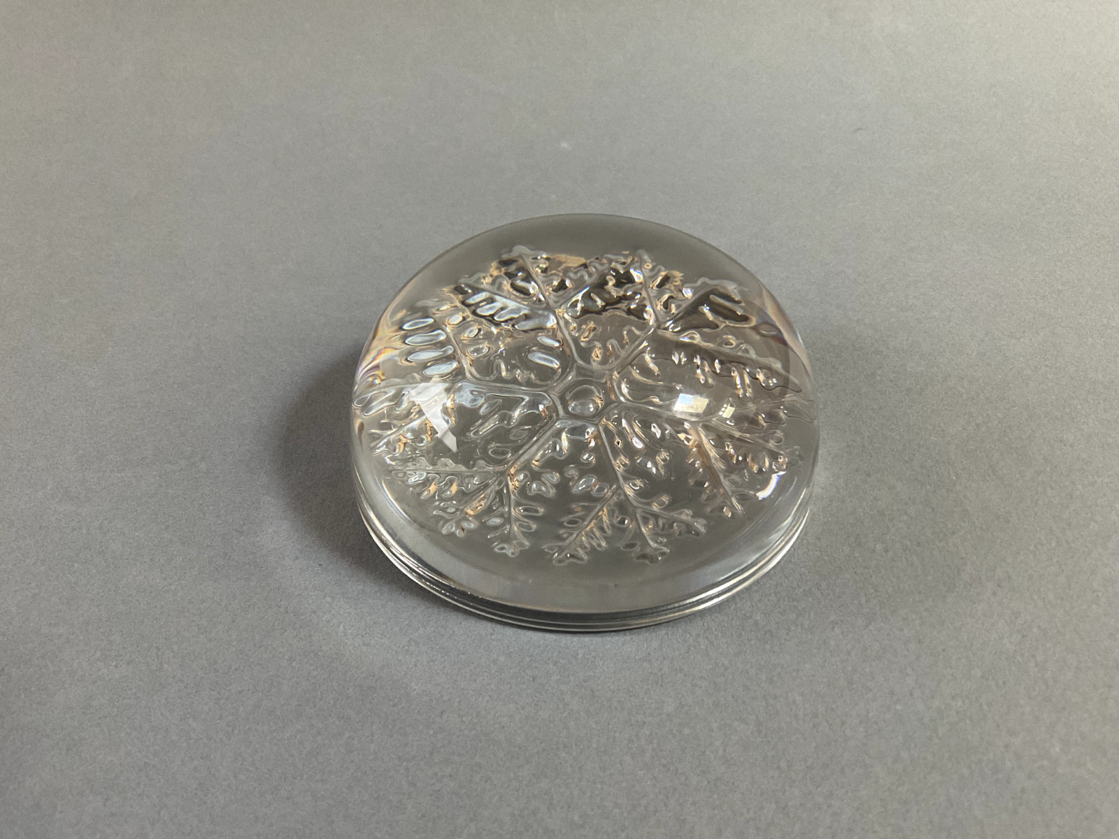 A Nice Glass Snowflake Round Shaped Paperweight Approx. 1 3/4″ H x 3 1/2″ W