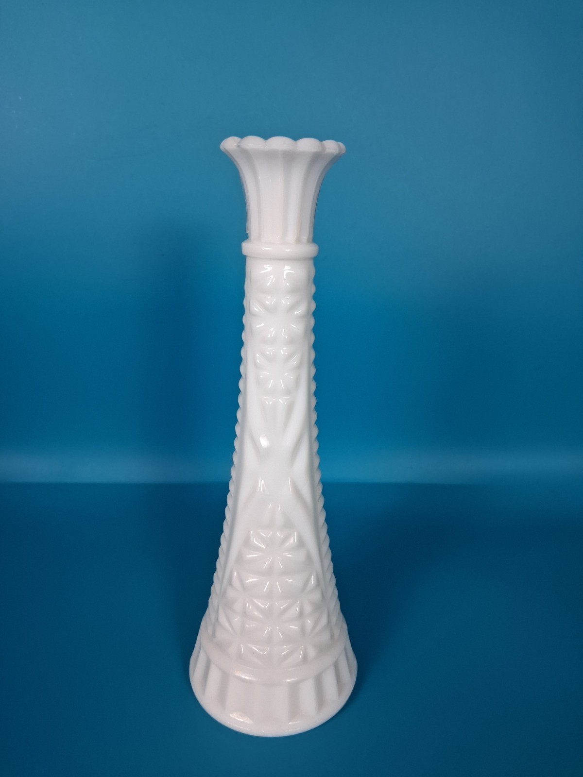 Elegant Mid-Century Pressed Glass | Scalloped Rim | White Opaque Art Glass Vase