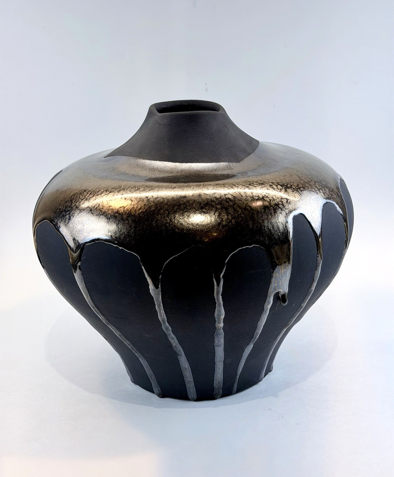 Vintage Haeger Pottery Copper Metallic Lava Drip Glaze / Matte Black Raku Vase