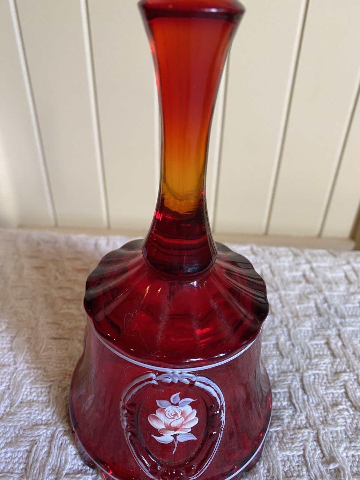 Westmoreland Bell Floral Rose Ruby Red Orange 1980 Hand Painted Cameo Marked