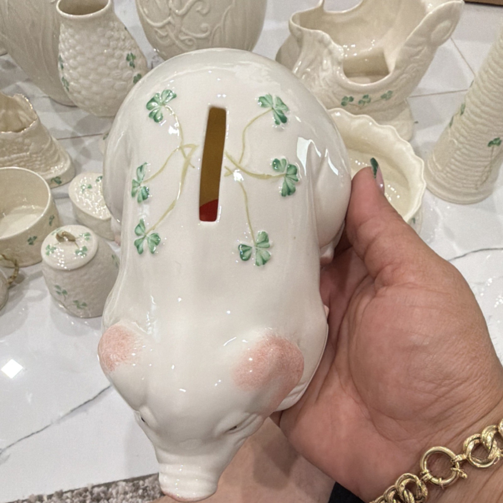 Belleek Ireland Shamrock Ceramic Vase White Green Glossy Finish Irish 1973 26 pi