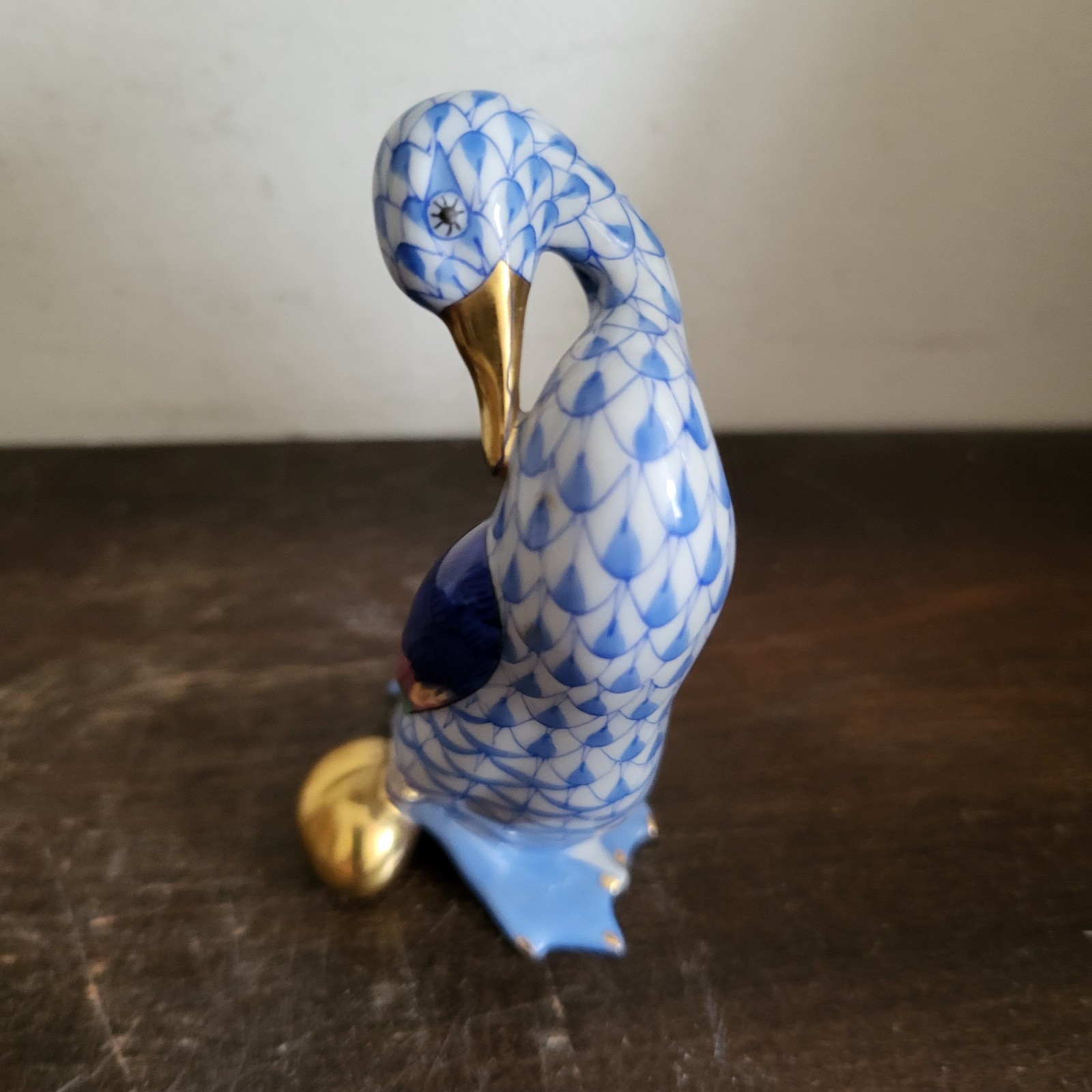 Vintage Herend Hungary Porcelain Fishnet Figurine Goose With Golden Egg Blue
