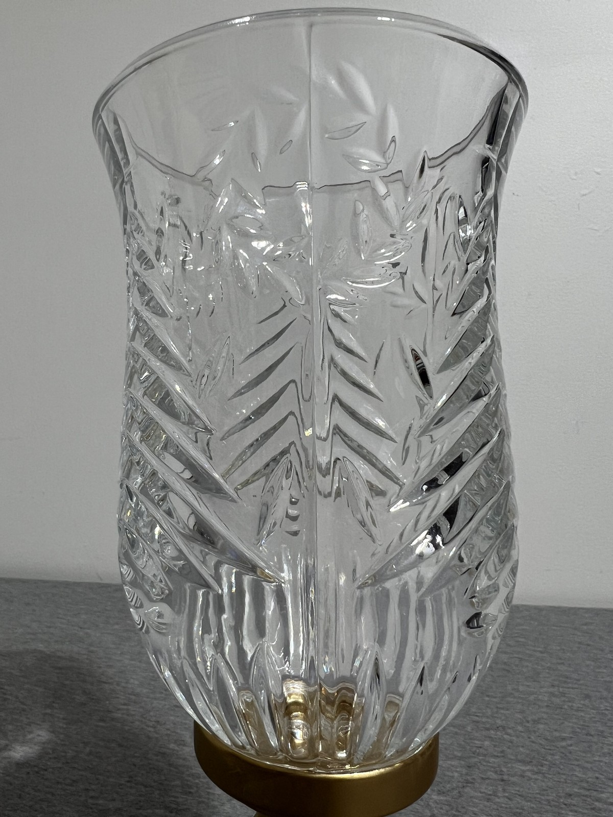 Cut Crystal Hurricane Candle Holder Gold Brass Base Etched Glass Votive 10 Inch