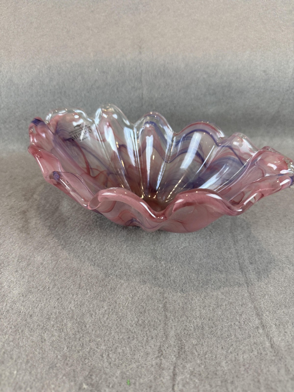 Murano Hand Blown Pink Swirl Glass Ruffled Bowl Ornament Made Italy Decor Art