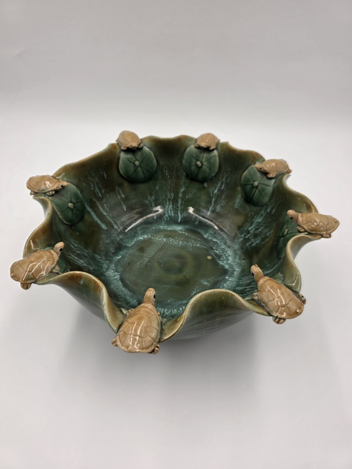Large Majolica Fortune 13” Planter Bowl 8 Turtles on Lily Pads Galaxy Background