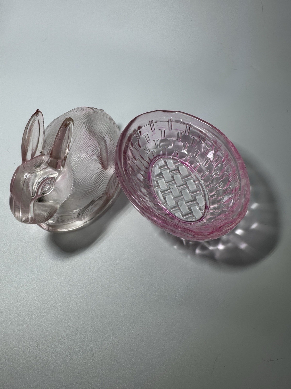 Pink Glass Rabbit Nesting on a Basket 4.5″ Candy Dish